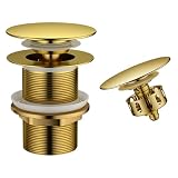 VELAJA Piletta Click Clack per Lavabo Senza Troppo Pieno, Sifone Pop Up con Filtro Antiotruzione, Finitura Ottone Antico Dorato, Universale per Lavabo e Bidet, Misura Filetto G1 1/4 Pollice