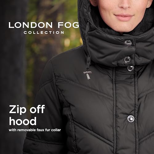 London Fog Women's Chevron Coat with Faux Fur Trimmed Hood, Black, Small