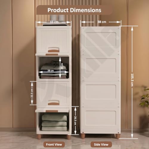 Image of Foldable Plastic Wardrobe Organizer for Clothes | 4 Tier Stackable Storage Cabinet | Multipurpose Closet Organizer for Bedroom Living Room | Space Saving Plastic Cupboard Rack (Ivory)