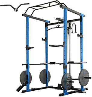 ER KANG Power Cage, 1200LBS Power Rack with LAT Pulldown, Multi-Function Squat Cage, Weight Cage with Pulley System Squat Rack for Home Gym with More Training Attachment(Blue)