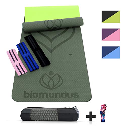 biomundus Yoga Mat Yoga Esterilla Yoga Antideslizante TPE + Bandas Elasticas Fitness + Correa Yoga+ lineas posicion Corporal + Bolsa Esterilla Deporte Antideslizante Esterilla Pilates colchoneta Yoga