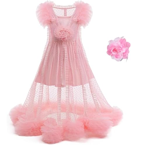 Girls Pink Princess Witch Dress with Bow Headband Floral Tulle Party Mesh Dresses2