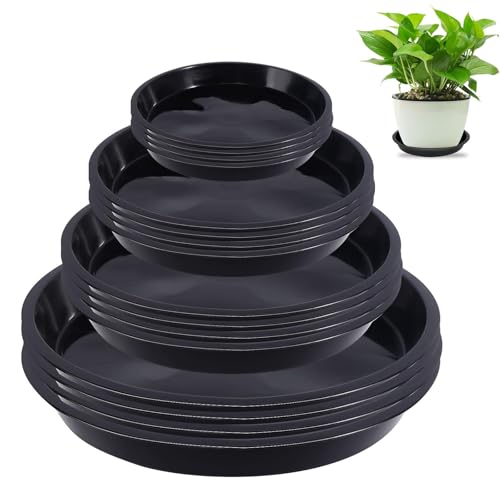 thirei Blumentopf Untersetzer, 21cm/17,8cm/15,8cm/11,5 cm Kunststoff Blumenuntersetzer, 16 Stück Untersetzer für Blumentöpfe, für Innen und Außenpflanzen, Schwarz