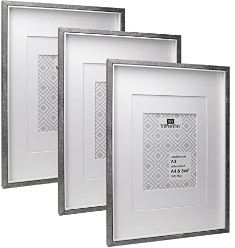 A3 Grey & white Two Tone Picture Frames Set of 3 with Double Mounts for A4 & 6x8 photo, A4 boxed photo frames for 3pack, A3 wooden Poster Frame with Mount for picture Frames