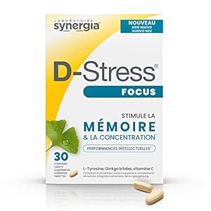 D-STRESS FOCUS 30 comprimés | L-Tyrosine, Ginkgo biloba et Vitamine C | Stimule la mémoire et la concentration | Vegan, Sans Gluten, Sans Soja, Sans OGM | Origine France | Laboratoire SYNERGIA