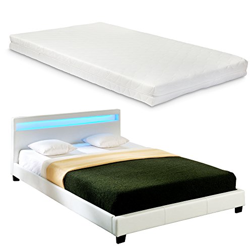 Corium LED Polsterbett \'Paris\' - 160 x 200 cm - Weiß Kunstleder - mit Lattenrost und Matratze