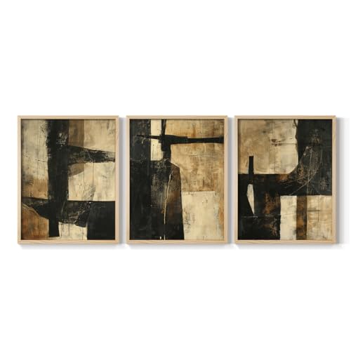 Renditions Gallery Set of 3 Peel & Stick Framed Prints, Modern Abstract Wall Art, Minimalist Gold and Black Wall Decor, Re-Stickable - Ready to Hang - 8"x10" - Natural Frame LT597