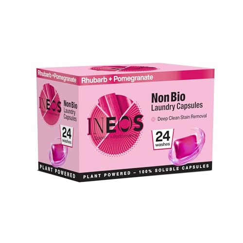 INEOS Non Bio Laundry Washing Capsules 24 washes High Performance Stain Remover For Clothes Plant Powered Soluble Capsules For Sensitive Skin Rhubarb + Pomegranate