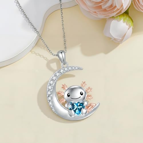 Image of PROESS Animal Birthstone Necklace 925 Sterling Silver Otter /Axolotl /Hippo /Elephant /Dachshund /Monkey /Red Panda Pendant Necklace Animal Birthstone Jewelry Gifts for Women