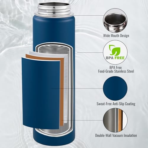 Image of Fijinhom Insulated Water Bottle with Handle, 304 Stainless Steel Water Bottles with Wide Mouth, Double Wall Vacuum Sports Water Bottle, BPA Free, Keep Cold and Hot, 24 Ounces, Navy Blue