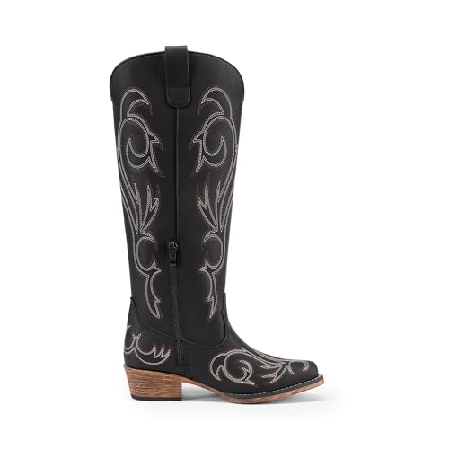 DREAM PAIRS Womens Cowboy Boots Comfortable Cowgirl Knee High Boots Pull On Side Zipper Chunky Heel Embroidered Western Boots,Size 6.5,Black,DWUMKB2502