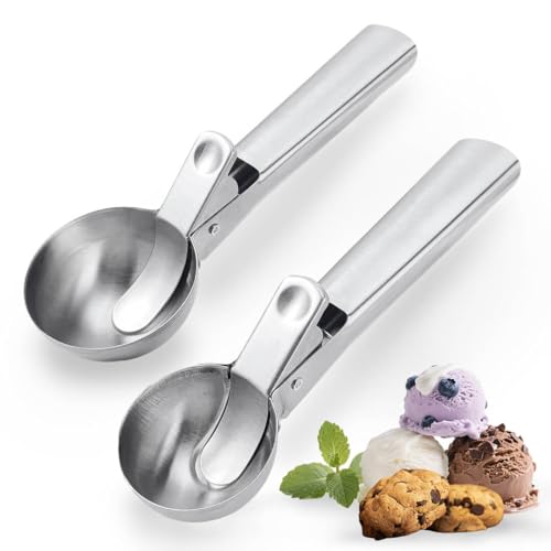 Trigger Ice Cream Scoop Set (2 Sizes) - Professional Grade 304 Stainless Steel, Non-Stick Design, Ergonomic Anti-Slip Handle, Versatile Cookie Scoop for Baking, Left/Right Hand Use