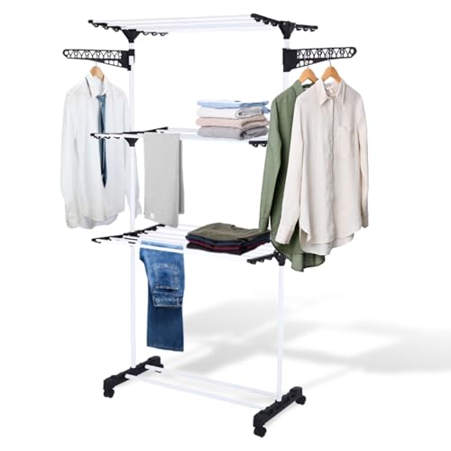 Varal De Chão 3 Andares Grande de Roupas Dobrável Regulável Retrátil com Rodinhas e Ganchos Compacto