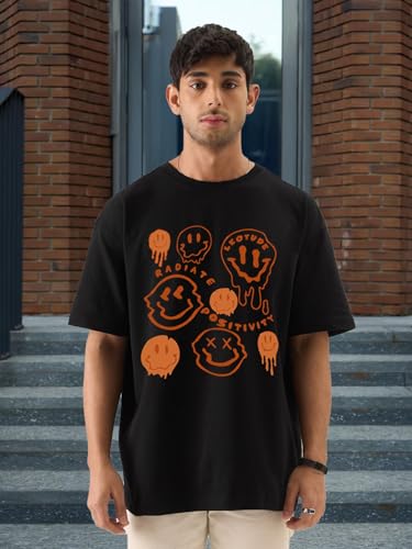 Image of LEOTUDE Men Half Sleeve Round Neck Graphic Printed Cottonblend Oversized Tshirts (Colour: 1Black)