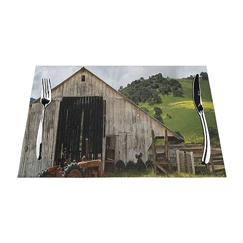 Platzsets aus altem Holz, Scheune mit verrostetem Traktor, bedruckt, Set mit 1 Stück (45 x 30 cm), rechteckig, PVC-gewebte Tischsets, Esszimmer-Tischset