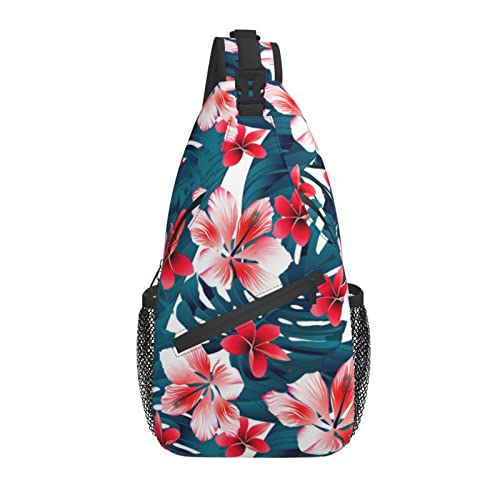 Schultertasche mit hawaiianischen tropischen Blumen, für Reisen, Wandern, Freizeit, Tagesrucksack, Umhängetasche, Unisex, Brusttasche
