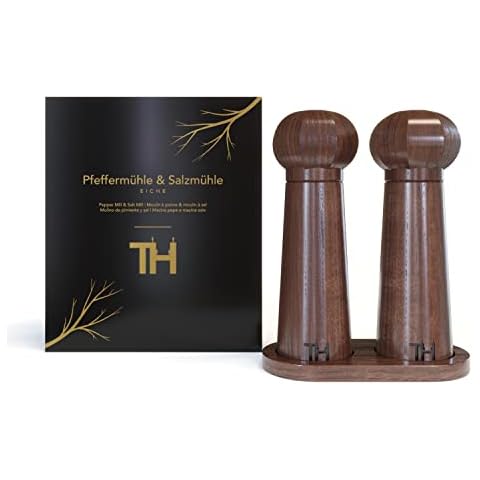 Thiru Professional Salt and Pepper Mill Set - Patented Ceramic Grinder - Includes Saucer and Cleaning Brush - Solid Walnut Wood Small Cover