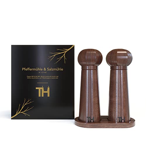 Thiru Juego de molinillo de sal y pimienta profesional, mecanismo de cerámica patentado, incluye posavasos y cepillo de limpieza, madera maciza de nogal pequeña Cover