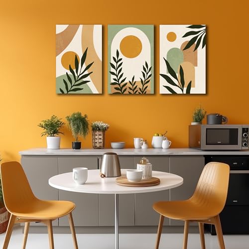 Image of Boho Sun Canvas Wall Art Set of 3, Neutral Abstract Minimalismt Bohemian Geometric & Botanical Plants Pictures Prints Artwork Paintings Wall Decor for Bedroom Living Room Home Decoration 16x24 inches
