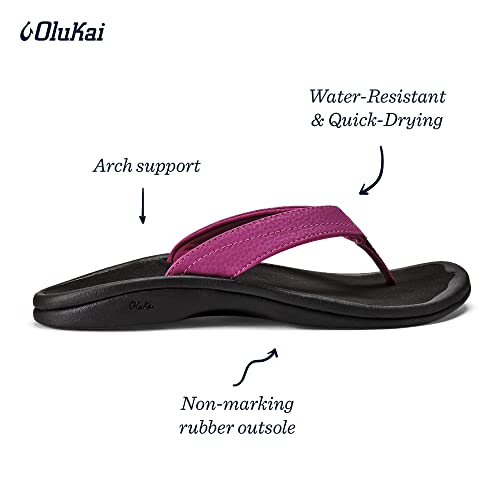 Olukai Ohana Women's Beach Sandals, Quick-Dry Flip-Flop Slides, Water Resistant, Wet Grip Soles & Compression Molded Footbed, Orchid Flower/Black, 9 #TOP3