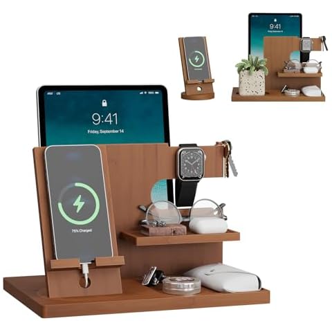 Christmas Gifts for Men Wood Phone Docking Station with Separate Phone Stand, Bedside Desk Organiser with Phone and Key Holder Anniversary Birthday Presents for Dad Husband Boyfriend Son Brown Cover