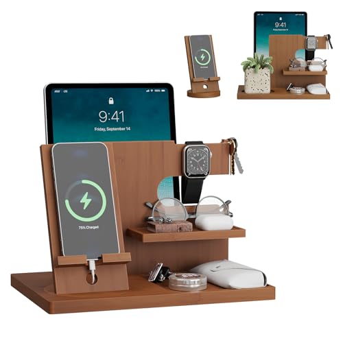 Semiocthome Wood Phone Docking Station with Separate Phone Stand, Anniversary Presents for Him or Her, Birthday Presents for Men Dad Husband Boyfriend Son, Bedside Desk Organiser Brown - Cosy Home Interiors Semiocthome Wood Phone Docking Station with Separate Phone Stand, Anniversary Presents for Him or Her, Birthday Presents for Men Dad Husband Boyfriend Son, Bedside Desk Organiser Brown