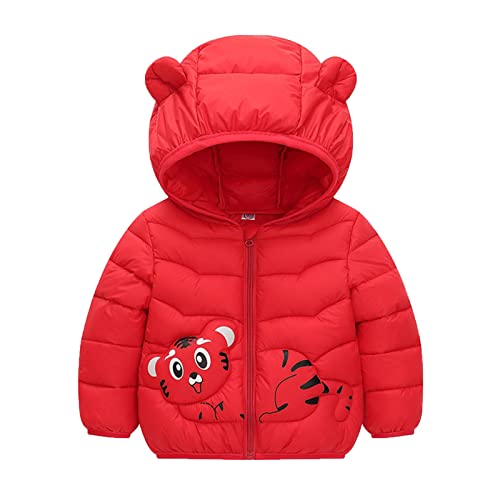 Baby Boy Winter Jacket Down Cotton Windproof Warm Winter Coats Zipper Cartoon Tiger Prints Bear Ears (Red, 3-4 Years)
