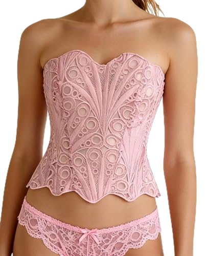 bslingerie Women Lace Trim Floral Sheer Lace Up Patchwork Bustier Corset Top Light Pink S