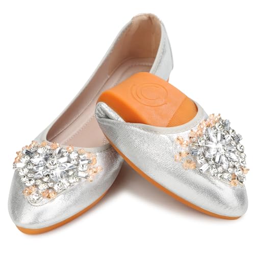 Image of KUNWFNIX Women Ballet Flats Rhinestone Wedding Ballerina Shoes Foldable Sparkly Comfort Slip on Flat Shoes