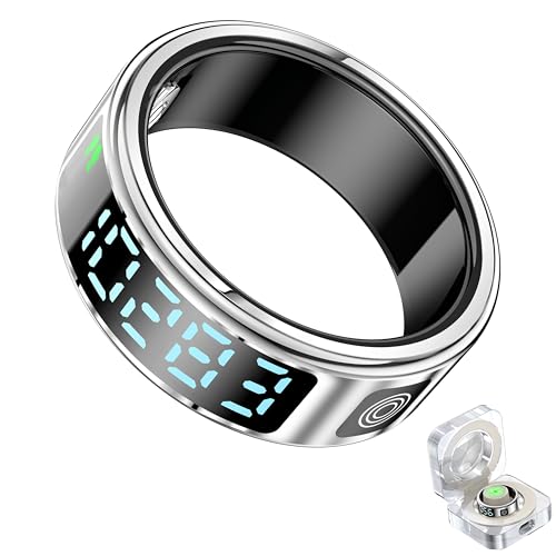 smart ring with led display – activity & fitness tracker, monitors heart rate, Blood oxygen, step count, sleep, ip68 waterproof, includes charging case, app for ios & android (Silver, #9(19mm))