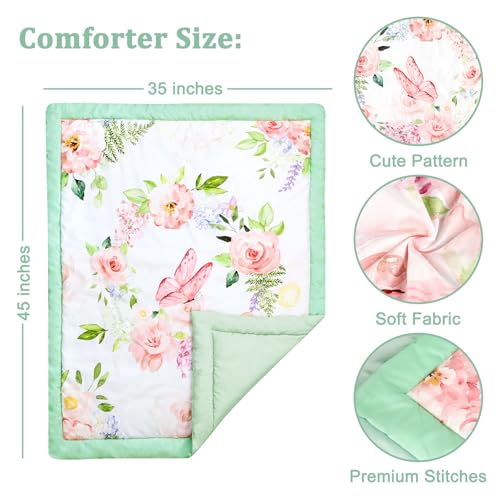 Image of 4 Piece Crib Bedding Set for Girls, Baby Girl Crib Bedding Set Butterflies Floral Nursery Bedding Set Includes Comforter, Fitted Crib Sheet, Crib Skirt, and Diaper Stacker, Green & Pink | Garden Theme