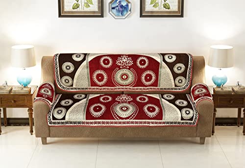 Image of Chenille Sofa Cover - 3+1+1 Set, Velvet & Chenille, Dustproof, Wear Resistant, Coffee & Maroon, Floral Pattern, Everyday Use, 5 Cushion, 16 Piece, 27 Inch Width, Sofa Cover
