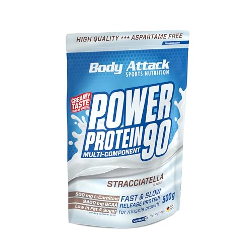 Body Attack POWER PROTEIN 90 - Stracciatella - 500g Beutel - Mehrkomponenten Protein Pulver, Made in Germany - Mit BCAA, Vitaminen & L-Carnitin - Protein Shake extra cremiger Geschmack