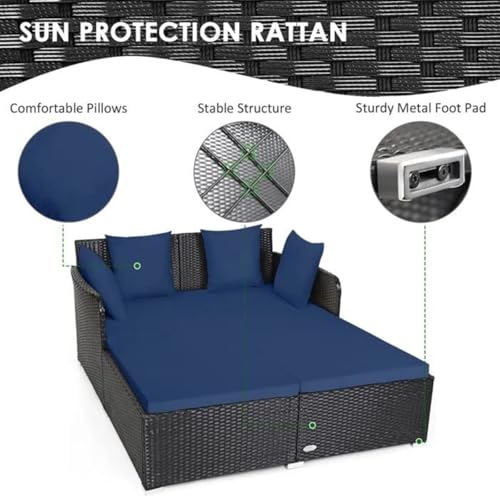 Image of BRISHI Outdoor /Pool Side /Garden /Balcony /Porch /Backyard /Terrace /Patio /Beach /Rectangular Sofa Sunbed Wicker and Rattan Daybed (Black-Blue)