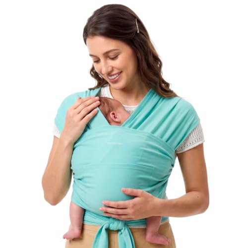 Image of Momcozy Baby Wrap Carrier, Easy-On 2-Piece Design, Newborn to 33 lb | Easy On Like a T-Shirt, XXS-XXL Adjustable Fit, IHDI Hip-Healthy, Lightweight Hands-Free Comfort Baby Sling, Lake Blue