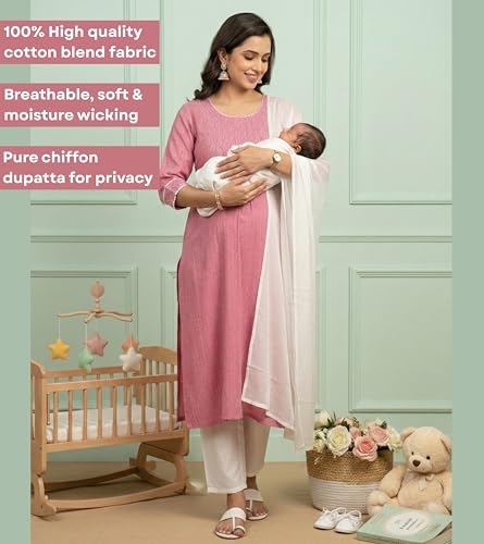 Image of DUMMY SHAPE Feeding Kurta Set for Women Cotton Blend | Floral Embroidered Pregnancy Kurta Pant Dupatta with Nursing Zippers | Pre & Post Partum | Maternity Dresses | Mom to Be Gifts