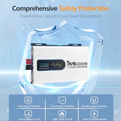 Truvill 2024 Upgraded 2000W Pure Sine Wave Inverter 12V To 110V Power Inverters With Led Monitor Battery Inverter For Home Rv Truck Off-Grid 12V Inverters With Two Ac Port thumb #3