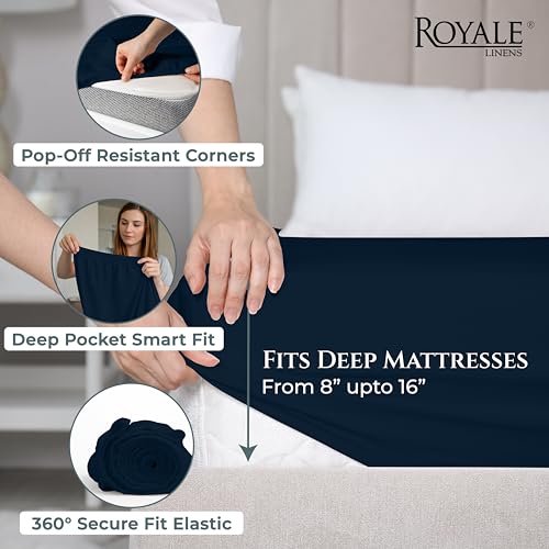 Image of Royale Linens 400 Thread Count Full Size Fitted Sheets Only - 100% Cotton Fitted Sheets Only - Luxury Sateen Weave - All Around Elastic Deep Pocket Bottom Sheet - Soft & Durable - Fit Up To 16 inch (Navy)