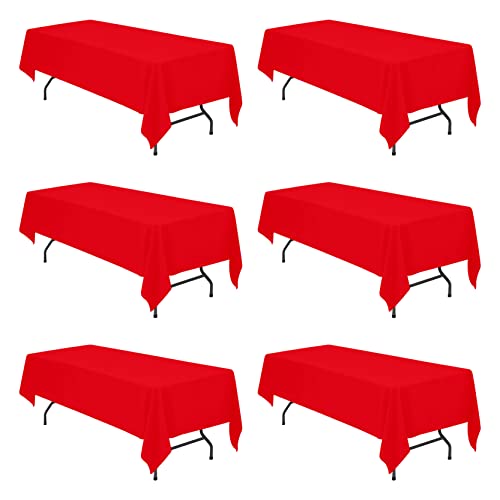 Image of BRILLMAX 6 Pack Red Tablecloths 60 x 126 Inch for 8ft Rectangle Tables - 150 GSM Polyester Fabric, 15 inch Standard Drop, Water, Stain & Wrinkle Resistant Cloth Cover for Wedding Banquet Dining Buffet
