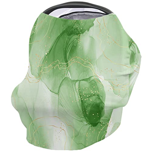 Nursing Cover for Breastfeeding Scarf, Grass Green Marble Texture Gold Line Overlap Gradient Baby Car Covers Super Soft Multi Use for Canopy Shopping Cart Cover Blanket Stroller Cover