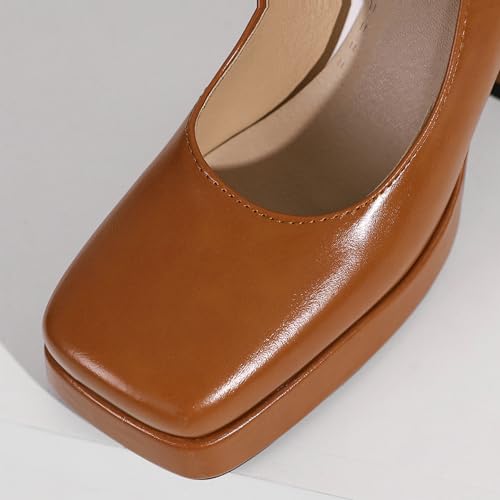 LUXMAX Women Square Toe Mary Janes Platform Chunky High Heels Pumps Ankle Strap Patent Leather Block Heel Buckle Pumps3
