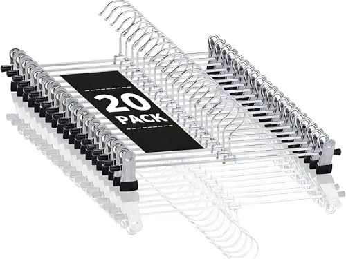 Pants Hangers with Clips, Heavy Duty 20 Pack, Adjustable Metal Skirt Hangers, Space Saving Closet Organizers for Jeans, Trousers, Slacks, Pants Storage