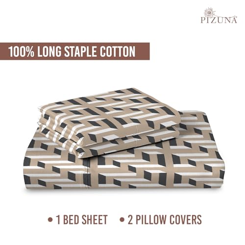 Image of Pizuna 100% Cotton Bedsheet Super King Size with 2 Pillow Covers, 400 Thread Count Long Staple Cotton, Mosaic Printed Pattern Flat Bed Sheet 108X108 Inch for Superking Bed, Beige