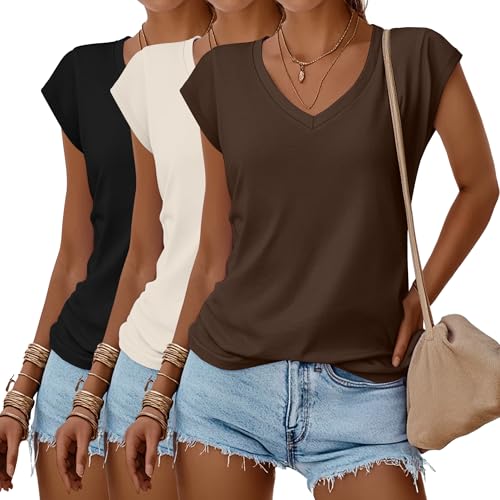 Huukeay 3 Pack Women’s V Neck T Shirts, Cap Sleeve Summer Casual Tops Loose Fit Short Sleeve Tees 2025 Trendy Shirts