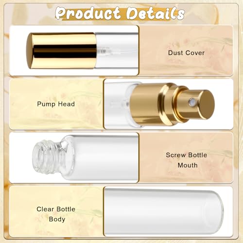 25Pcs 10ml Clear Glass Perfume Sample Vials with Golden Pump Head,Mini Empty Fine Mist Atomizer,Portable Essential Oils Spray Bottle,Travel Size Cosmetic Containers3