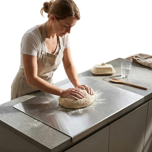 Planche à Découper Inox avec Rebord, 40 x 30 cm Plaque Inox Cuisine Plan de Travail, Protege Plan de Travail Cuisine avec Bord D'arrêt, Planche à Pétrir...