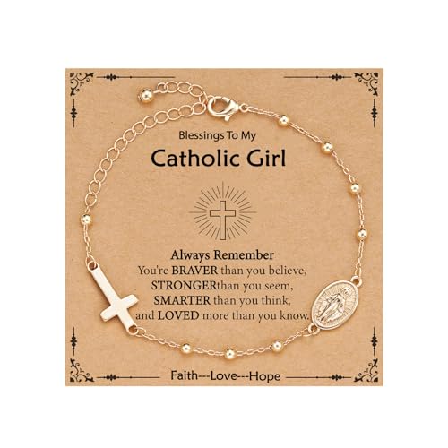 Catholic Virgin Mary Cross Bracelet Gifts for Girls Teens Women, Rosary Beads Charm Link Chain Bracelet Christmas Christian Religious Jewelry Gifts