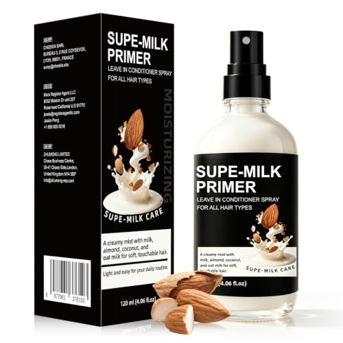 Nodfens Super Almond Milk Leave in Conditioner Spray with Collagen Detangler & Anti Frizz Hair Treatment for Dry Damaged Hair Helps Reduce Split Ends & Flyaways Improves Softness & Shine 4 fl oz