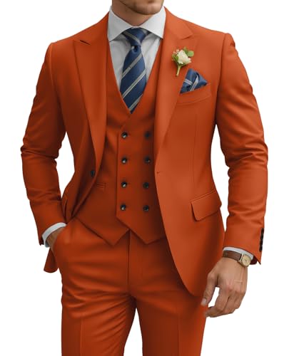 TIJOFA 3 Piece Mens Suit Slim Fit Burnt Orange Double Breasted Suit Men 3 Piece Wedding Classic Burnt Orange Tuxedo One Button Formal Prom Party Dinner Jackets Vest Pants Sets XL