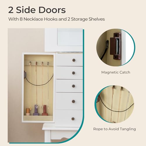 Goflame 11044WHJV-GL Standing Jewelry Cabinet Armoire With Top Flip Mirror, Jewelry Box Chest With 4 Drawers, Top Compartments, 8 Necklace Hooks And 2 Side Doors, Jewelry Storage Organizer For Bedroom, White thumb #4
